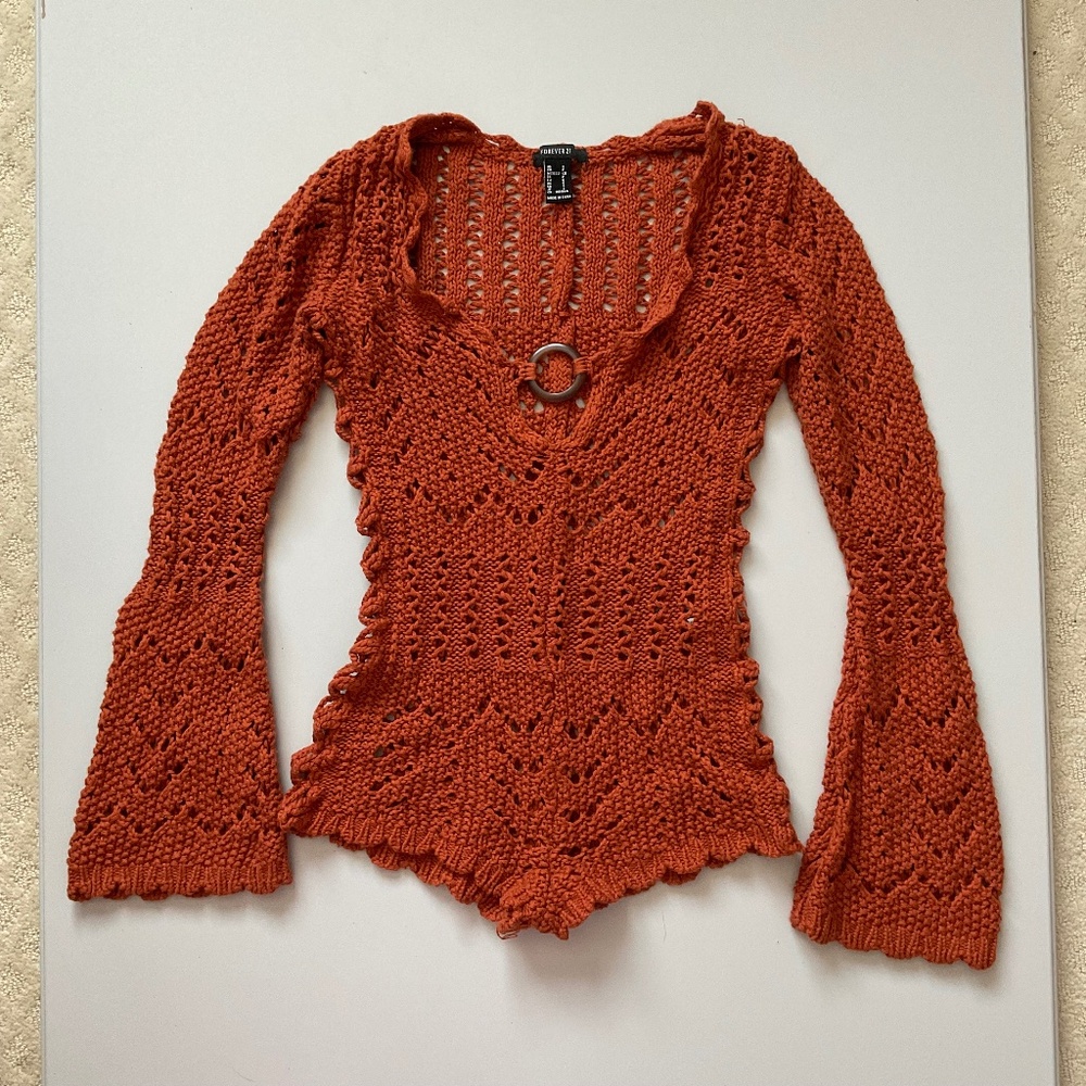 Small Burnt Orange Bell Sleeve Knit Romper